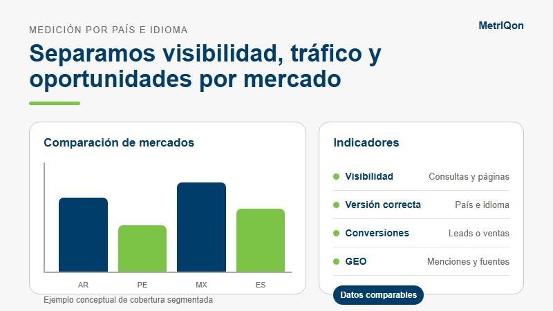 Panel visual de medición SEO internacional por país, idioma, tráfico, conversiones y visibilidad GEO