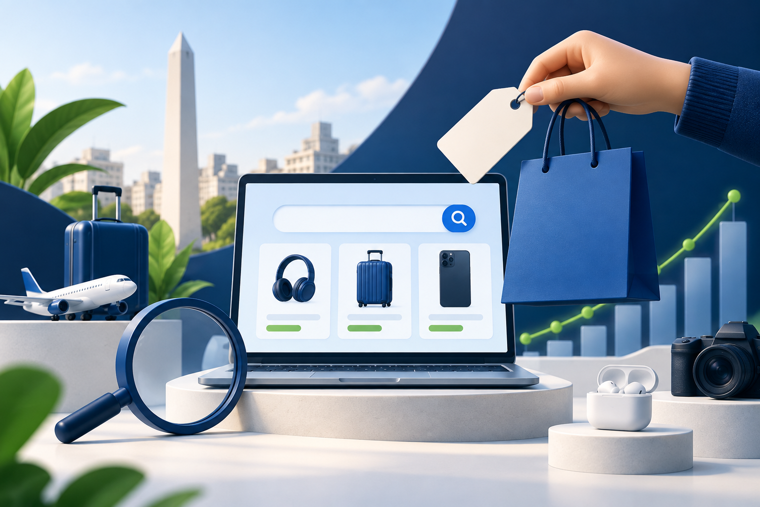 Persona comparando productos en una tienda online, con señales de búsqueda y compras en los colores de MetrIQon
